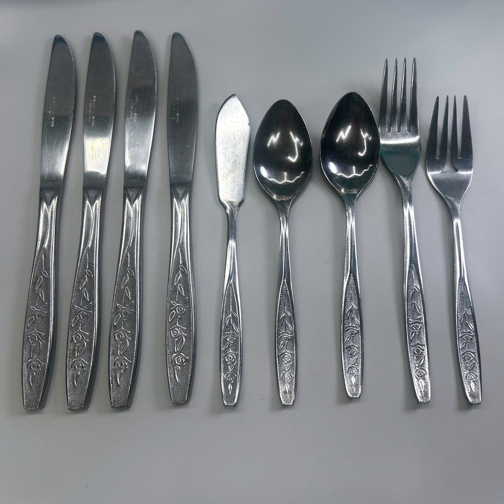 CustomCraft Rose Floral CUS1 9pc Flatware Stainless Steel Fork Spoon Knives VTG